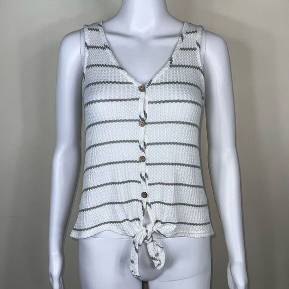Paper Crane Sleeveless‎ Waist Tie Front Striped Waffle Knit Faux Button Shirt - Picture 1 of 9